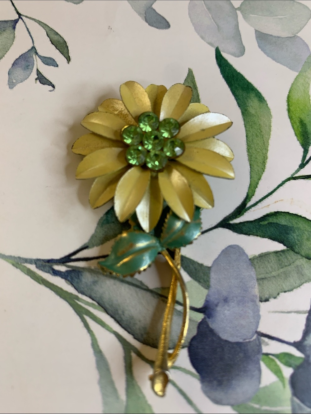 Vintage Yellow Flower Brooch with Green Rhinestone Center